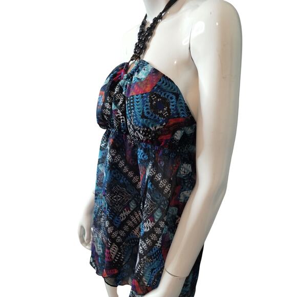 Women's Large Y2K Top-No Boundaries Colorful Halter Blouse-Beaded Satin Rope Tie - Picture 4 of 10